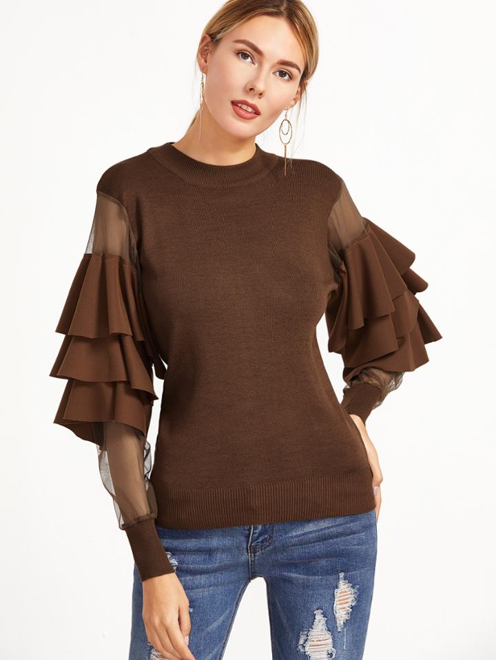 Shein Coffee Contrast Mesh Sleeve Ruffle Tiered Trim Sweater
