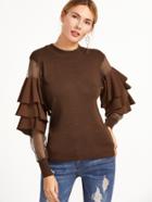 Shein Coffee Contrast Mesh Sleeve Ruffle Tiered Trim Sweater