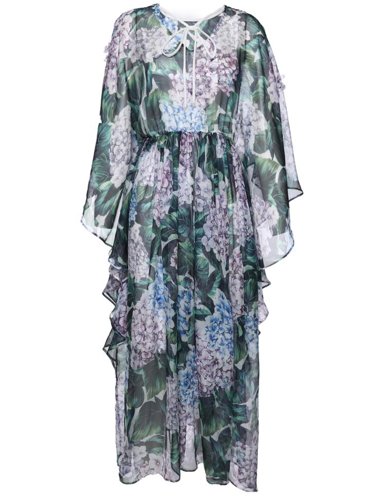 Shein Tie Neck Split Sleeve Ruffle Print Dress