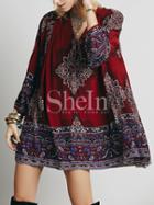 Shein Red Tribal Print Blouson Sleeve Tunic Dress