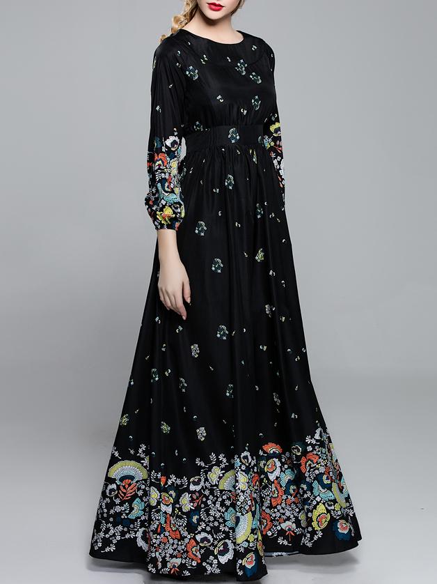 Shein Black Crew Neck High Waisted Print Maxi Dress