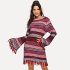 Shein Trumpet Sleeve Tassel Trim Striped Sweater Dress