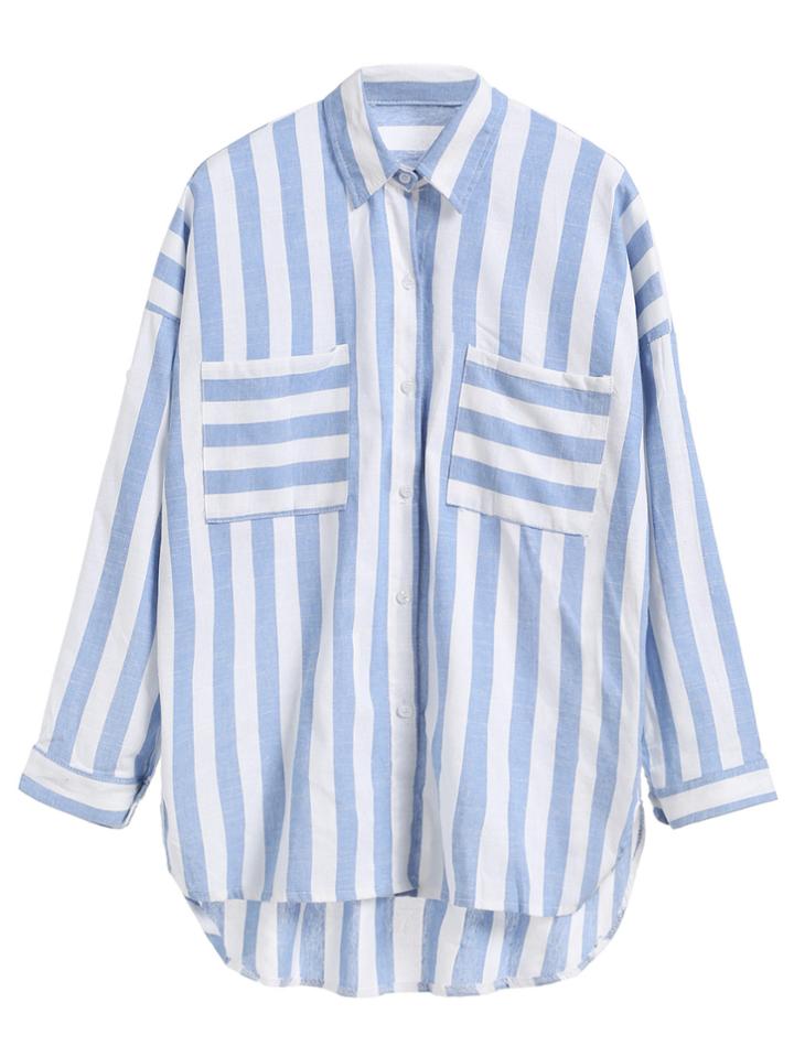 Shein Blue Striped Dip Hem Shirt With Pockets