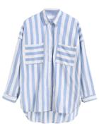 Shein Blue Striped Dip Hem Shirt With Pockets