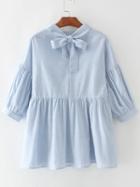 Shein Blue Vertical Striped Babydoll Blouse With Bow Tie