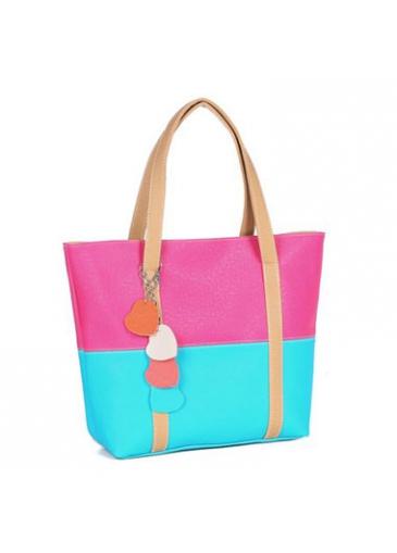 Rosewe Rose And Blue Color Block Pu Zipper Closure Tote Bag