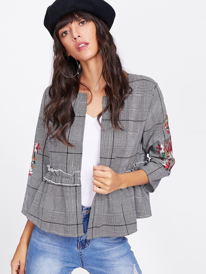 Shein Flower Embroidered Ruffle Trim Plaid Blazer