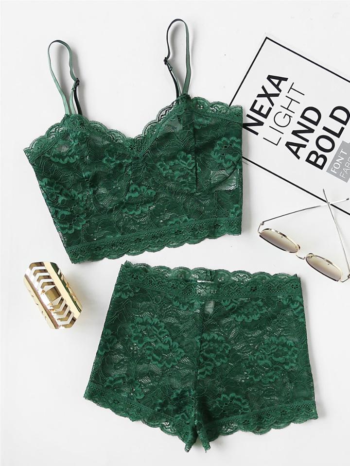 Shein Floral Lace Bustier Top And Shorts Pajama Set