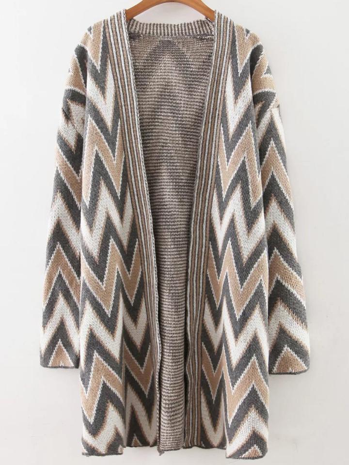 Shein Wave Pattern Collarless Open Front Long Cardigan