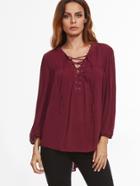 Shein Burgundy V Neck Lace Up High Low Blouse