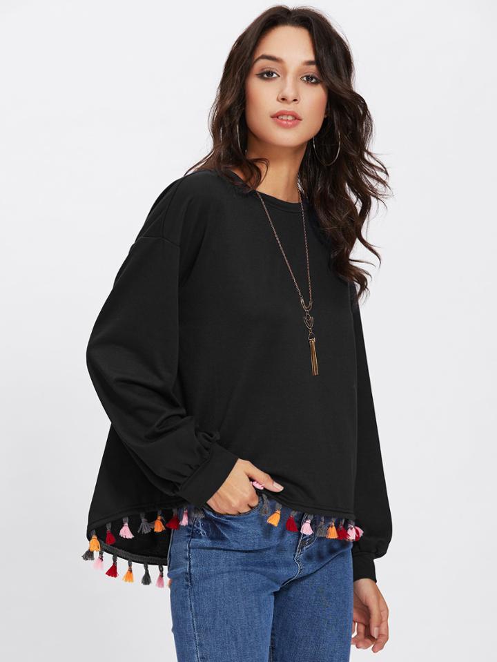 Shein Colorful Tassel Trim Dip Hem Pullover