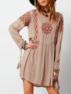 Shein Apricot Long Sleeve Embroidered Loose Dress