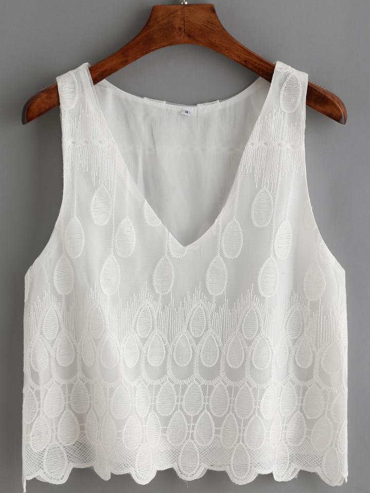 Shein White V Neck Lace Embroidered Tank Top