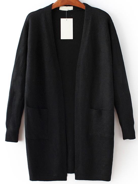 Shein Black Open Front Long Cardigan With Pocket