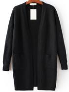 Shein Black Open Front Long Cardigan With Pocket