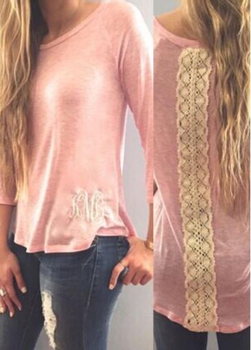 Rosewe Three Quarter Sleeve Lace Splicing Pink T Shirt