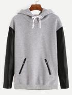 Shein Grey Zipper Pockets Pu Sleeve Hooded Sweatshirt