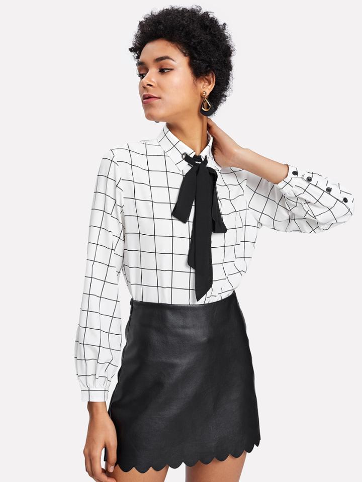 Shein Contrast Tie Neck Grid Print Shirt