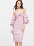 Shein Bardot Ruched Sleeve Pinstripe Twist Front Dress