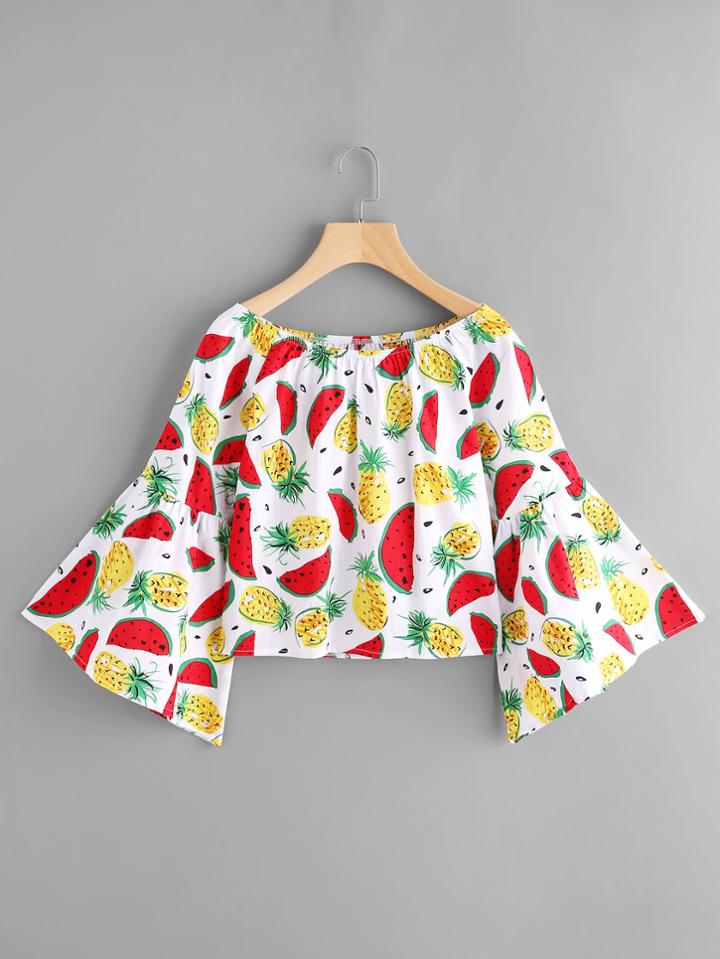 Shein Boat Neckline Fruits Print Bell Sleeve Crop Top