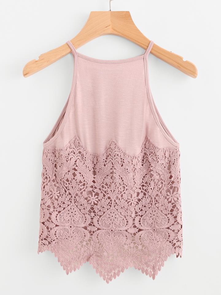Shein Contrast Crochet Lace Dip Hem Cami Top