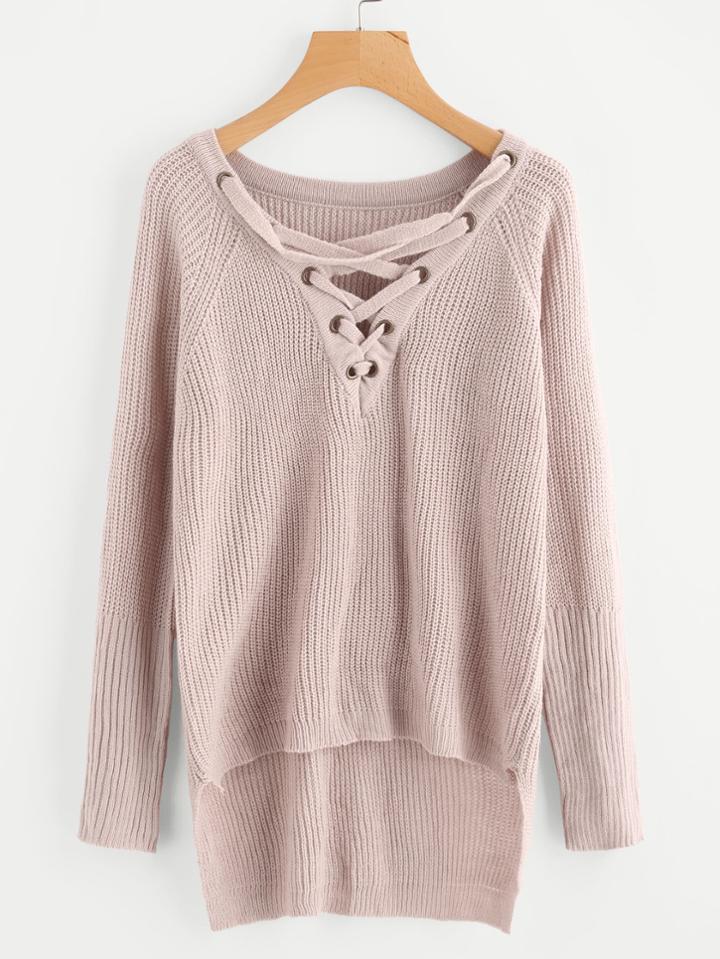 Shein Lace Up Front Raglan Sleeve Staggered Jumper