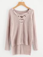 Shein Lace Up Front Raglan Sleeve Staggered Jumper