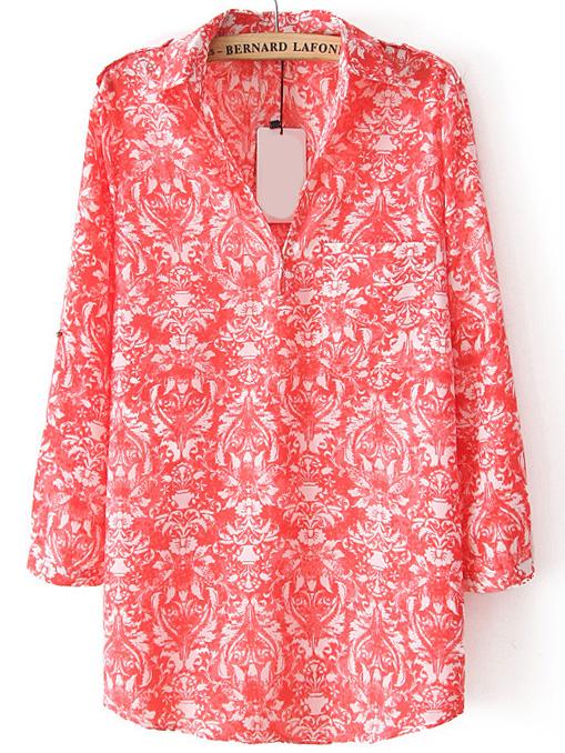 Shein Tribal Print Red Blouse With Pocket