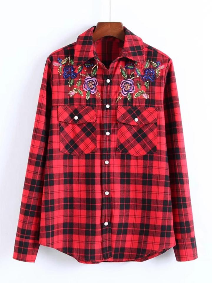 Shein Flower Embroidery Plaid Blouse