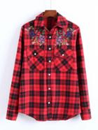 Shein Flower Embroidery Plaid Blouse