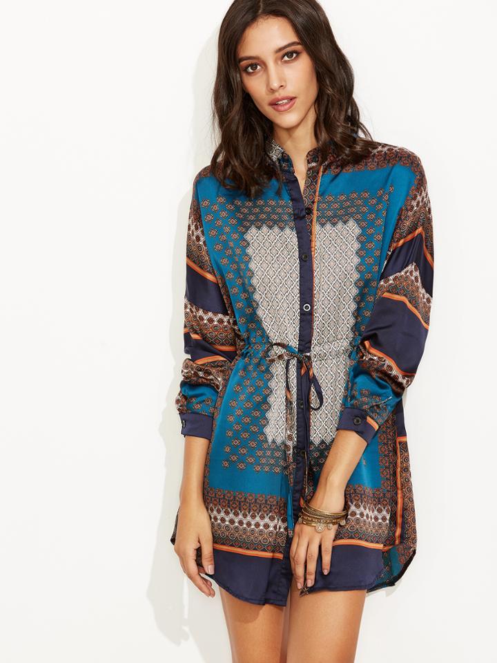 Shein Navy Tribal Print Drawstring Waist Shirt Dress