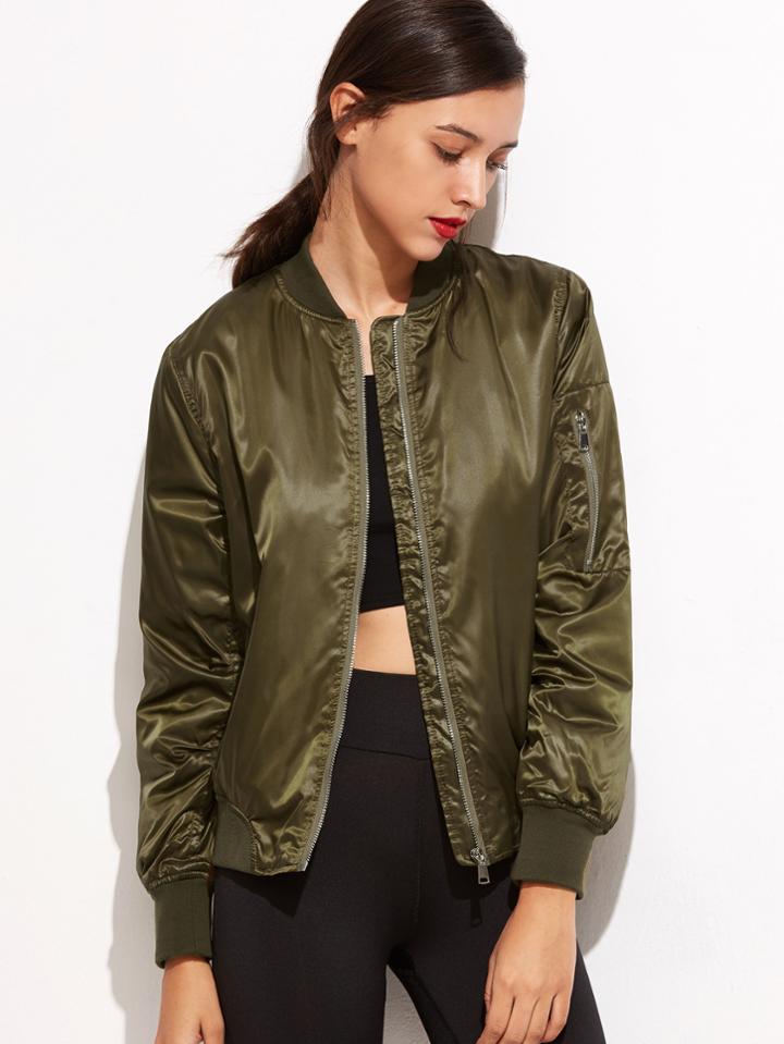 Shein Army Green Pockets Zipper Bomber Jacket