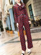 Shein Red Tie Neck Hearts Print Jumpsuits