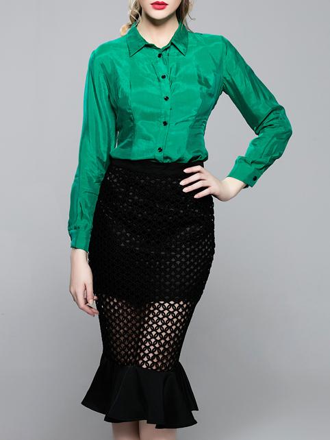 Shein Green Lapel Crochet Hollow Top With Ruffle Skirt
