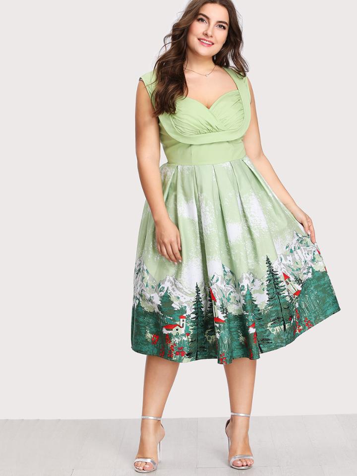 Shein Graphic Print Pleated Zip Up Back Dress