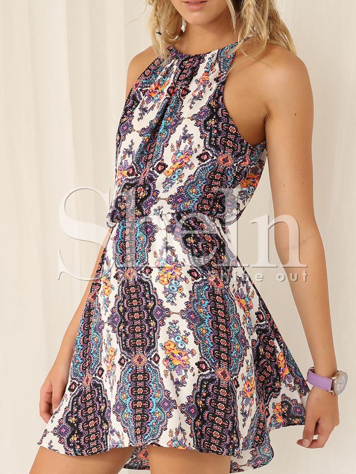 Shein White Spaghetti Strap Halterneck Tribal Print Dress