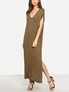 Shein Khaki V Neck Short Sleeve Maxi Dress