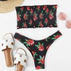 Shein Floral Print Shirred Bikini Set