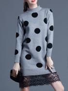 Shein Grey Polka Dot Knit Contrast Lace Dress