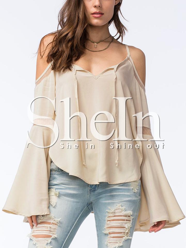 Shein Apricot Spaghetti Strap Side Slit Bell Sleeve Blouse