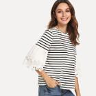 Shein Floral Lace Applique Layered Flounce Sleeve Striped Tee