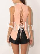 Shein Pink Lace Up Back Mock Neck T-shirt