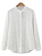Shein White Stand Collar Flower Embroidery Blouse