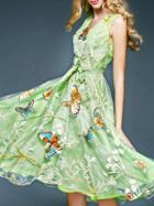 Shein Green V Neck Butterfly Applique Pouf Tie-waist Dress