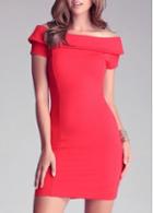 Rosewe Catching Red Short Sleeve Boat Neck Tight Dress