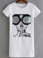 Shein White Short Sleeve Glasses Beauty Print T-shirt