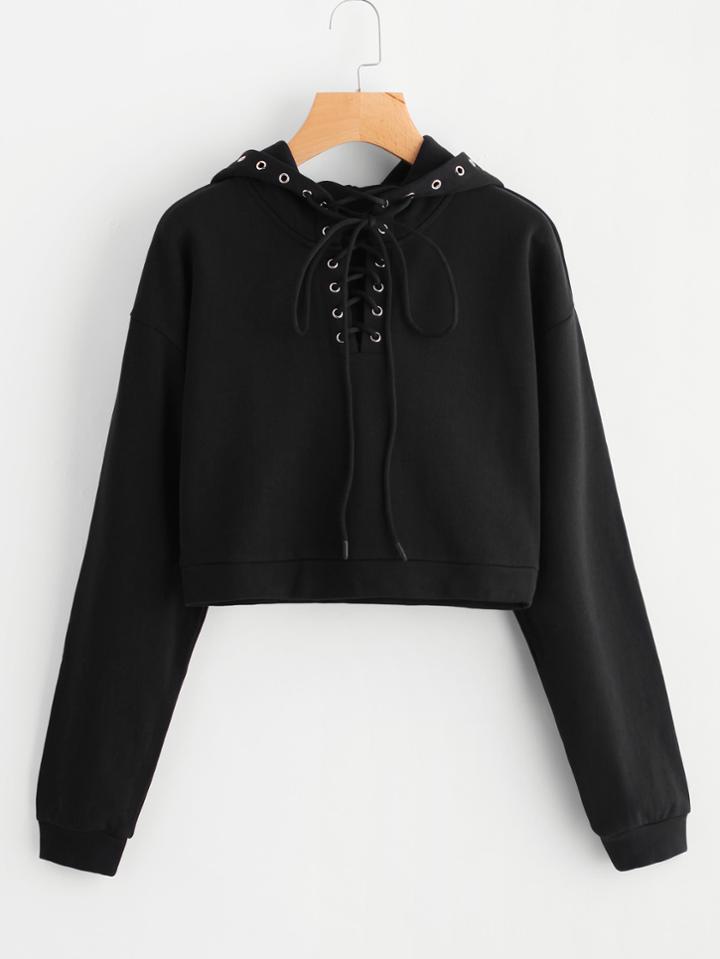 Shein Drop Shoulder Grommet Lace Up Crop Hoodie