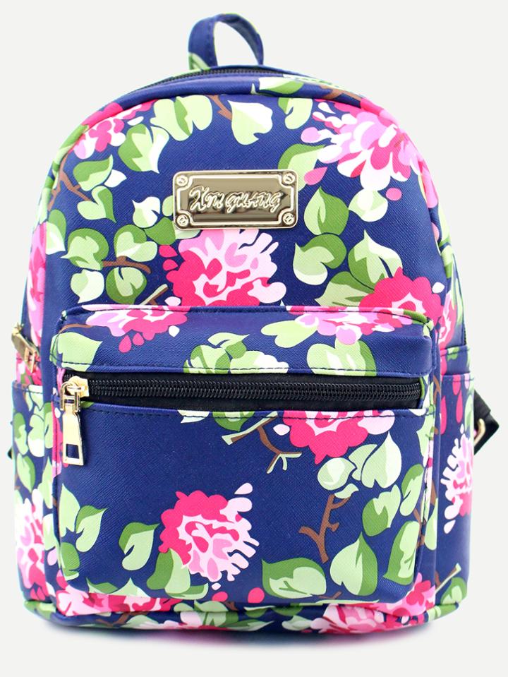 Shein Blue Floral Print Front Zipper Pu Backpack