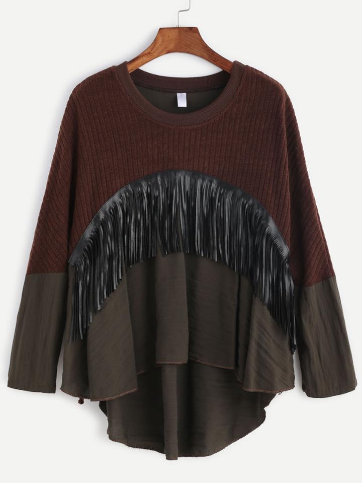 Shein Contrast Hem Fringe Trim High Low T-shirt