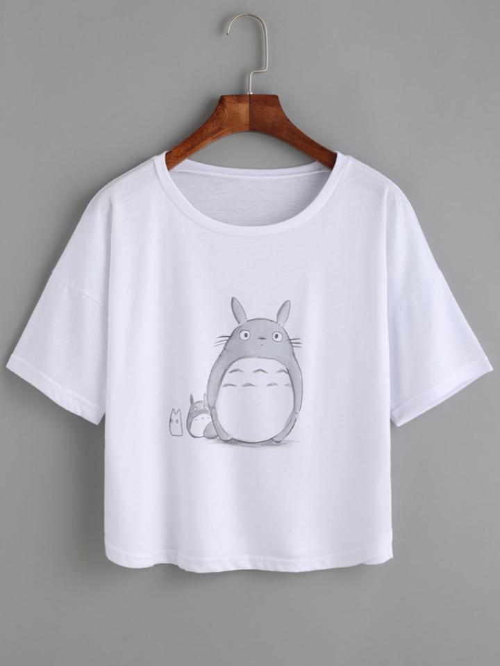 Shein White Cartoon Print Drop Shoulder T-shirt